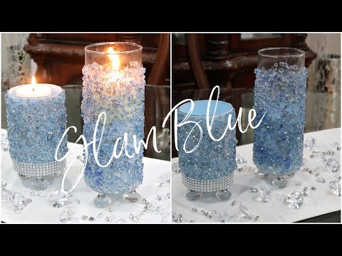 DIY GLAM DOLLAR STORE | BLUE CRUSH GLASS CANDLE HOLDER DECOR | DIY HIGH END ROOM DECOR IDEA FOR