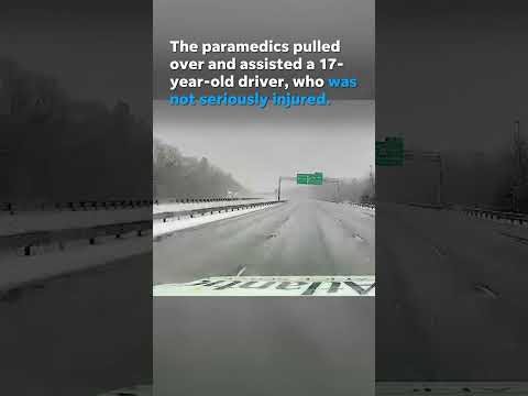 Ambulance misses car as it flips across highway, stops to help driver #Shorts