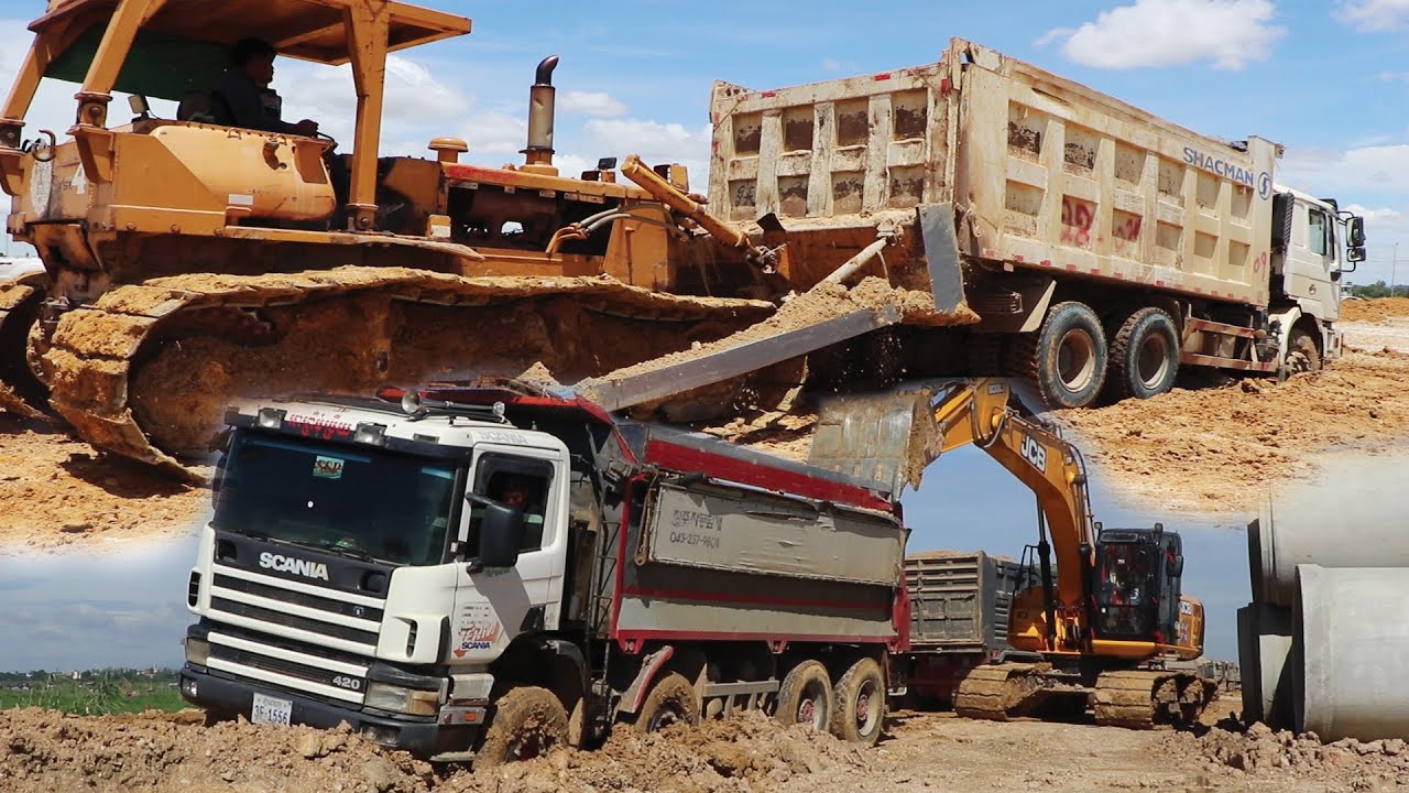Heavy dirt loading dump truck stuck in mud & push out//Heavy truck