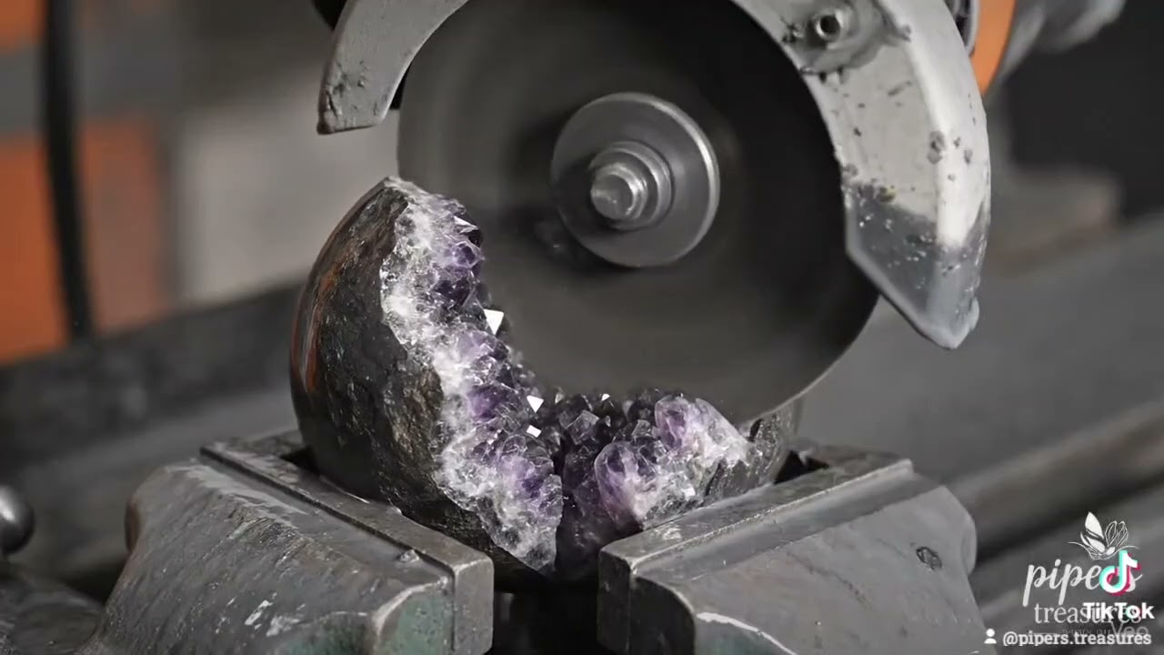 Cutting a amethyst geode sphere ASMR