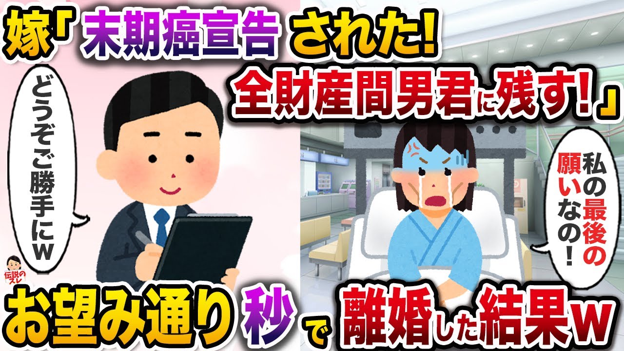 ㊗️12万再生㊗️余命宣告を受けた嫁「遺産を全部間男君にあげたいから離婚して！」→お望み通り速攻で離婚した結果w【伝説のスレ】【修羅場】