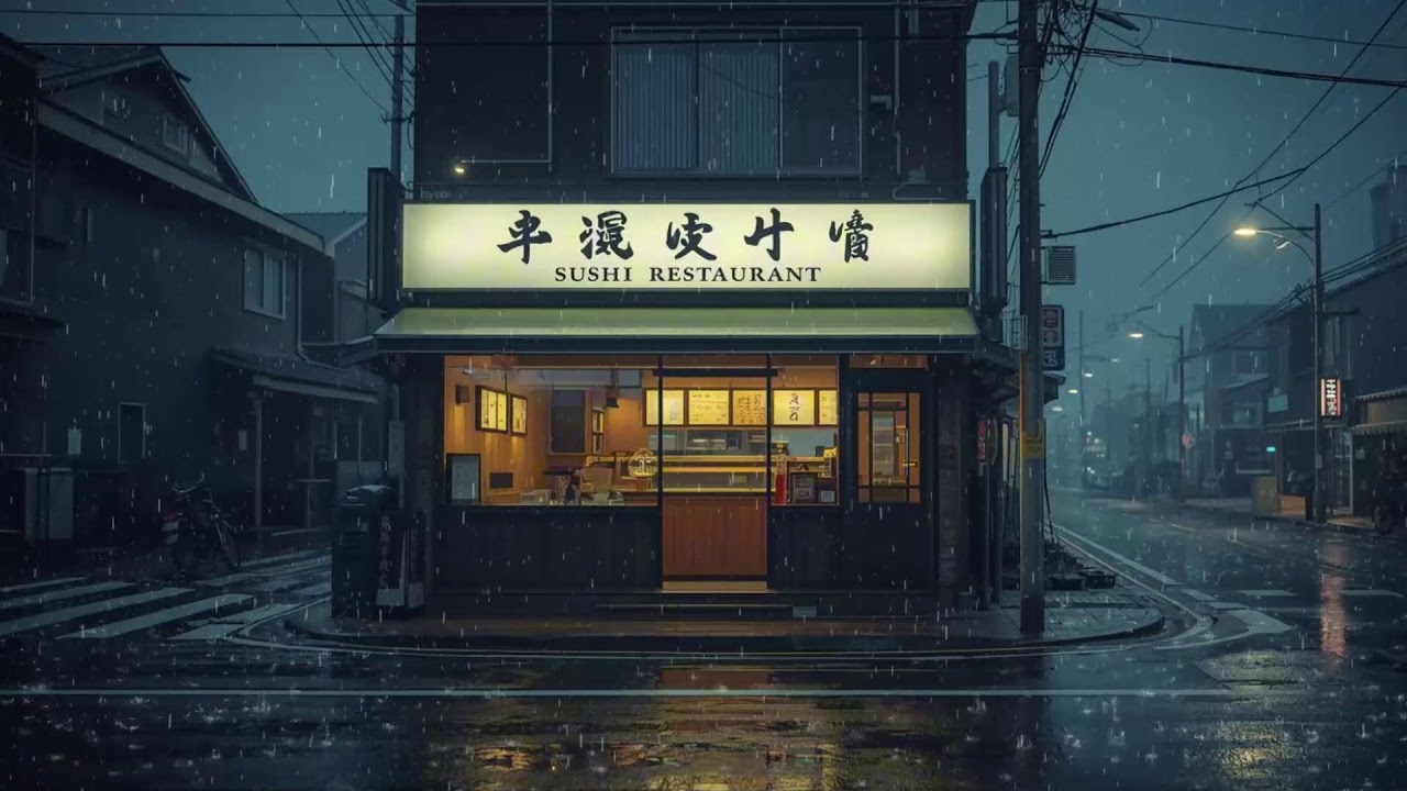 Rainy Japanese Street Café 🍵🌧️ Sushi Bar Lofi for Work, Study & Relax