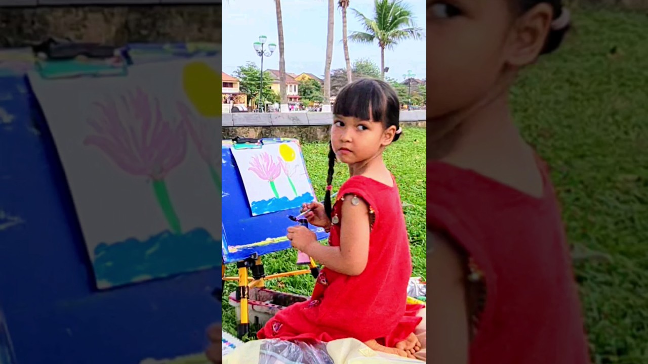 4-year-old kid artist painting beautiful lotus flowers and moon | Acrylic painting | Mia Mai Art