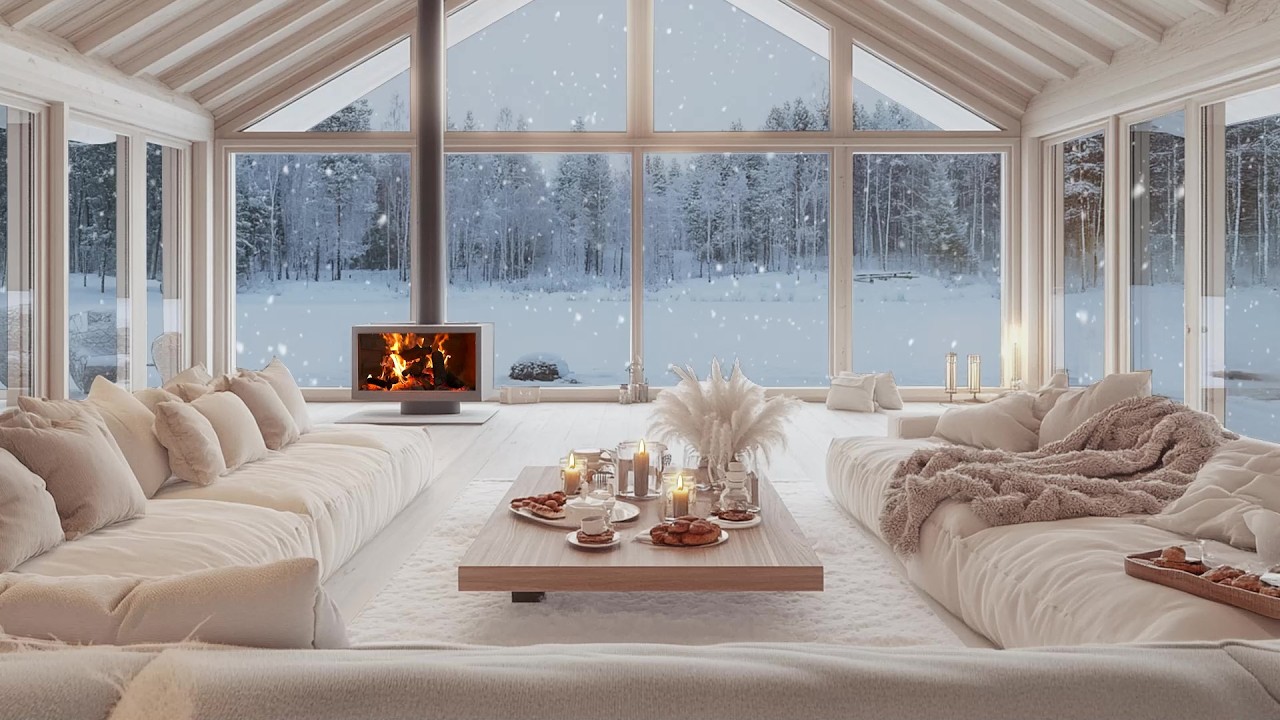 🧣🎹 Soft Ivory Winter Piano Retreat | Snowfall, Fireplace & Flowers | Gentle Sleep & Study Focus