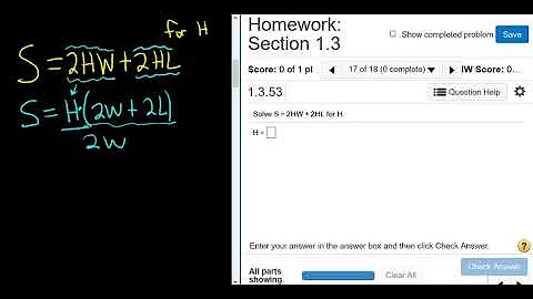 Solve for the formula S = 2HW + 2HL for H College Algebra MyMathlab Homework
