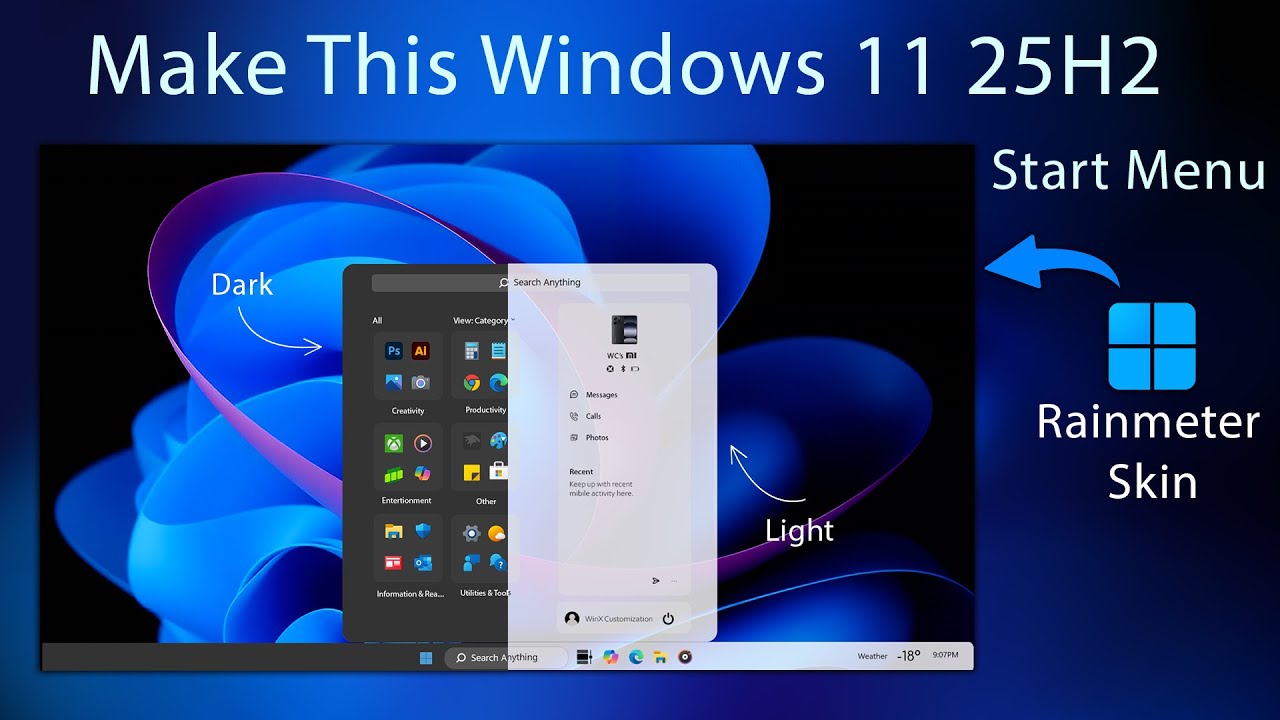 Windows 11 25H2 Start Menu | Modern Rainmeter Skin Customization 2026