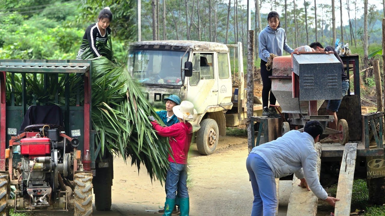 Using agricultural vehicles, the girl helps villagers transport leaves and carry concrete mixers.
