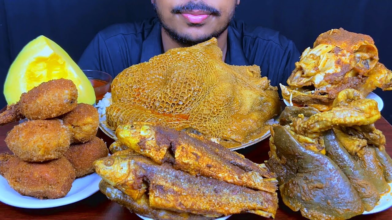 Eating Spicy Full Mutton Boti Curry,Bata Fish Fry,Mutton Lounge,Goat Head With Rice || Asmr Mukbong