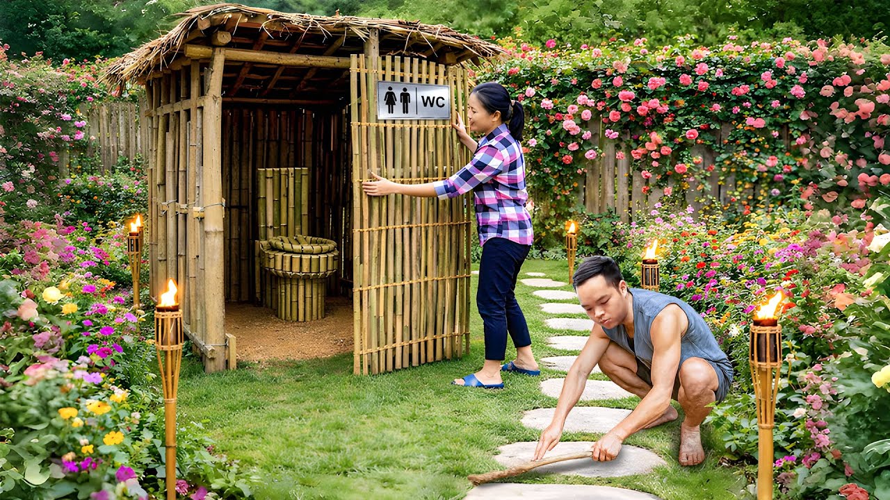 Man & His Wife Builds A Brand New Bamboo Toilet by Hand in the Jungle | Start to Finish
