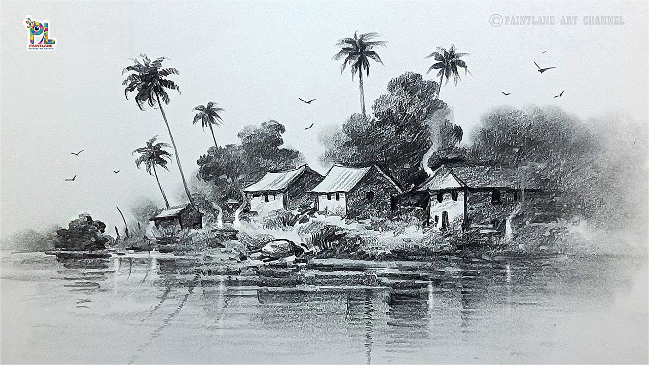 Peaceful Village Scenery Pencil Sketch and Shading | Easy Landscape Art for Beginners 🎨🖌️
