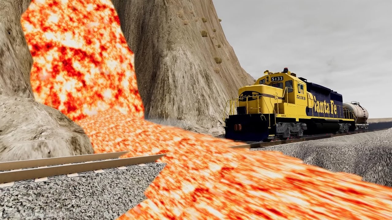 Trains & Cars vs Lava Crosses Railroad - BeamNG.Drive
