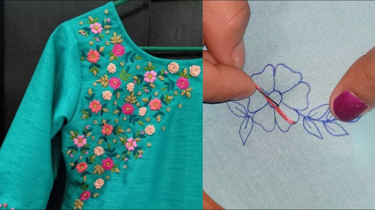 hand embroidery easy flower neck design 2021 YouTube