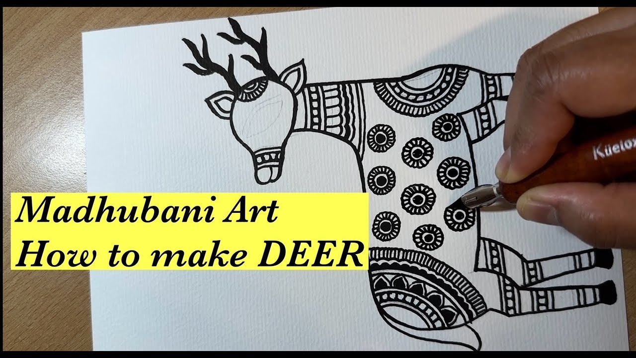 How to make Madhubani Painting of DEER - HIRAN in black & white Kachni - Easy Tutorial for Beginners