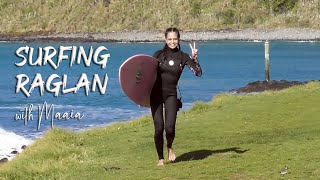 Surfing Raglan with Maaia and her new board