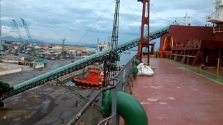 Loading woodchips by shore conveyor