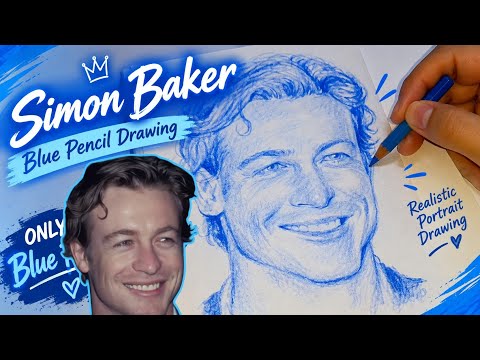 Drawing Simon Baker Using ONLY Blue Pencil! 💙 | Realistic Portrait Drawing