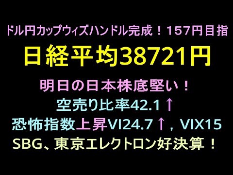 日経ＶＩ上昇！日経平均日脚ボリバンシュリンク三角持ち合い！ソフトバンクグループ、東京エレクトロン好決算でＥＰＳ上昇が反映されれば指数追い風！明日の日本株は底堅い！