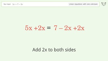 Linear equation with one unknown: Solve 5x=7-2x step-by-step solution