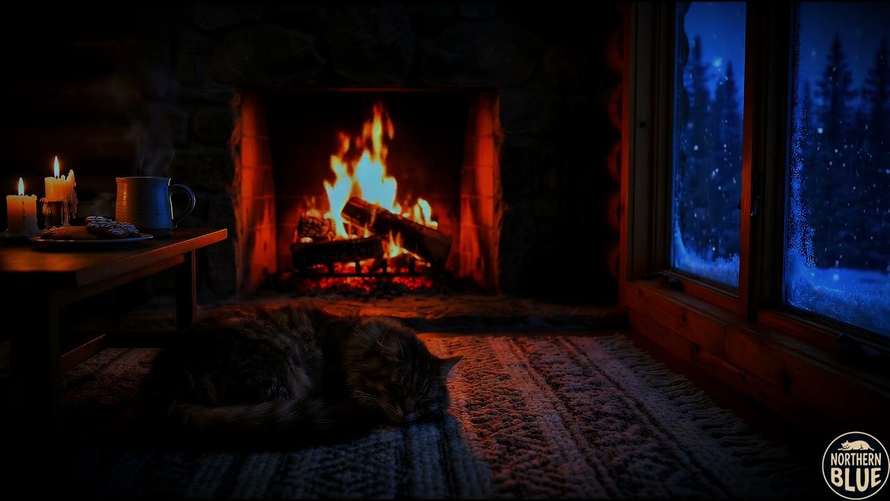 Calm Winter Winds, Crackling Fireplace 🔥 | Snowy Cabin Sounds for Insomnia Relief