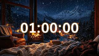 1 Hour Productivity Timer 🔥 Snowy Cabin Ambience with Fireplace & Brown Noise