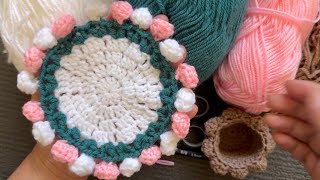 Crochet coaster 3D rose pattern with basket for mini bouquet 