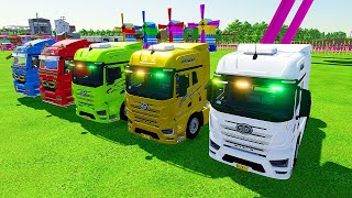 TRANSPORTING FIVE COLOR TRUCKS, VOLKSWAGEN, CADILLAC, MAHINDRA, CHEVROLET! - Farming Simulator