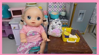 Baby Alive doll pumpkin Morning Routine and packing her backpack and lunchbox