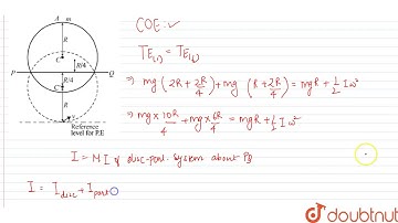A uniform circula disc has radius R and mass m. A particle also of mass m, is fixed at a point