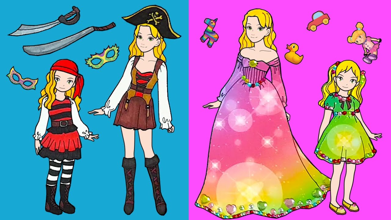 PAPER DOLLS MOTHER & DAUGHTER DRESS UP PIRATE COSTUME/PAPER DOLLS