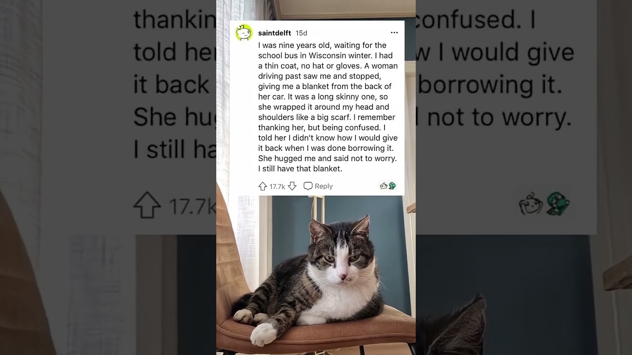 Woman gives kid a blanket waiting at the bus stop! 