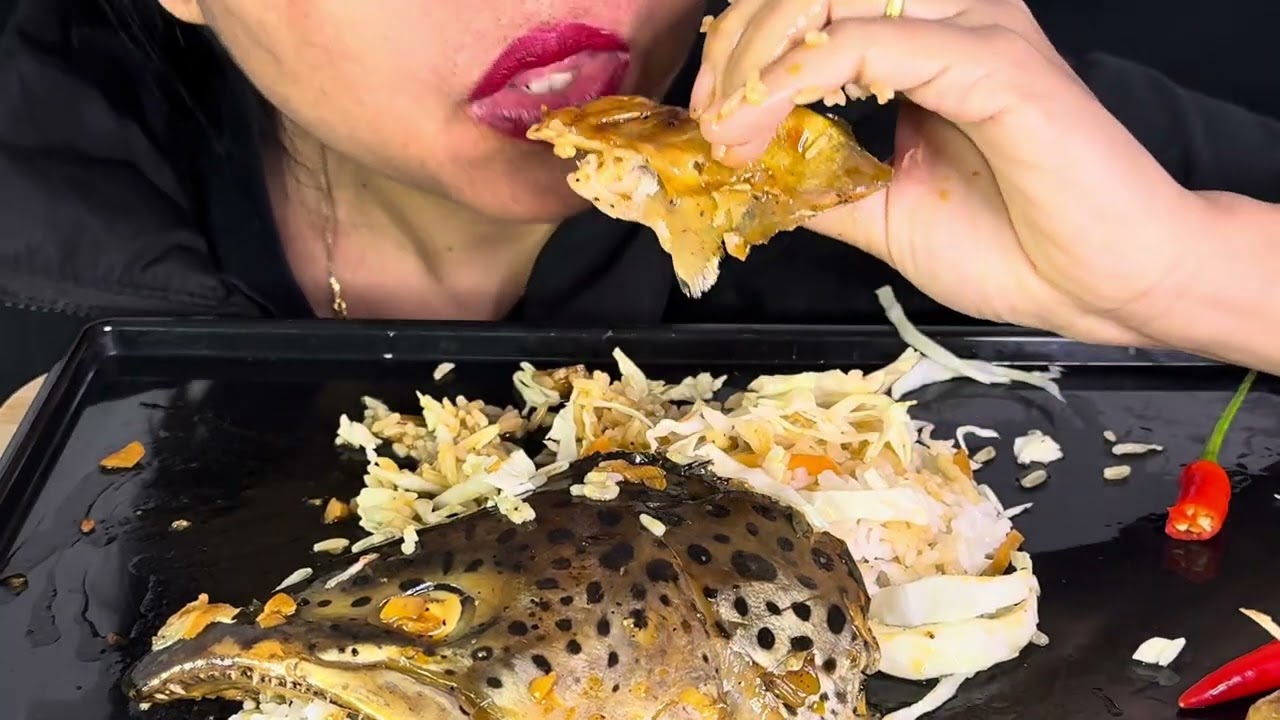 Eating salmon head and vegetables and rice 