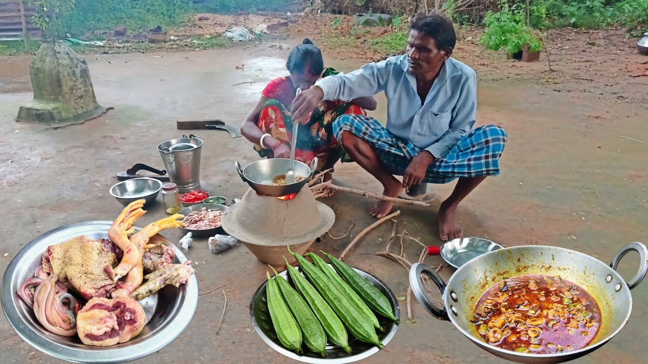 DUCK PARTS with RIDGE GOURD new process cooking recipe by mother father village tribal family