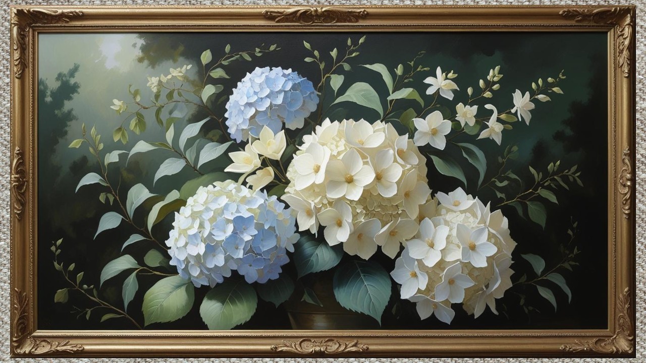 FREE FRAMED VINTAGE TV ART SUMMER HYDRANGEA FLORAL SCREENSAVER  FLORAL PAINTING NO MUSIC WALLPAPER