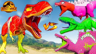 One Spiderman T-Rex vs All Dinosaurs Fighting Colorful Dinosaurs in Jurassic World Evolution