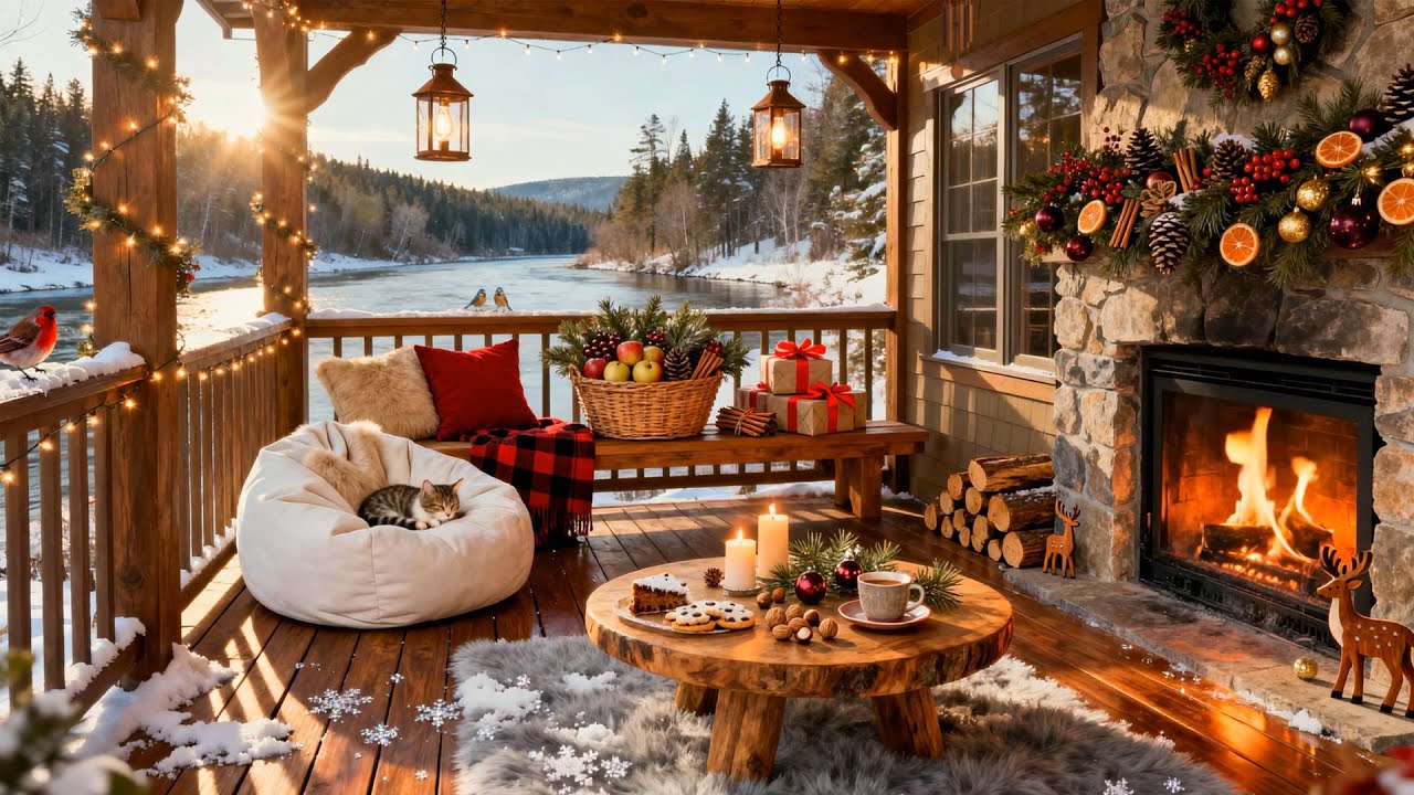 Morning Winter Porch Ambience (12 HOURS) 🔥 Cozy Fireplace Sounds by the River