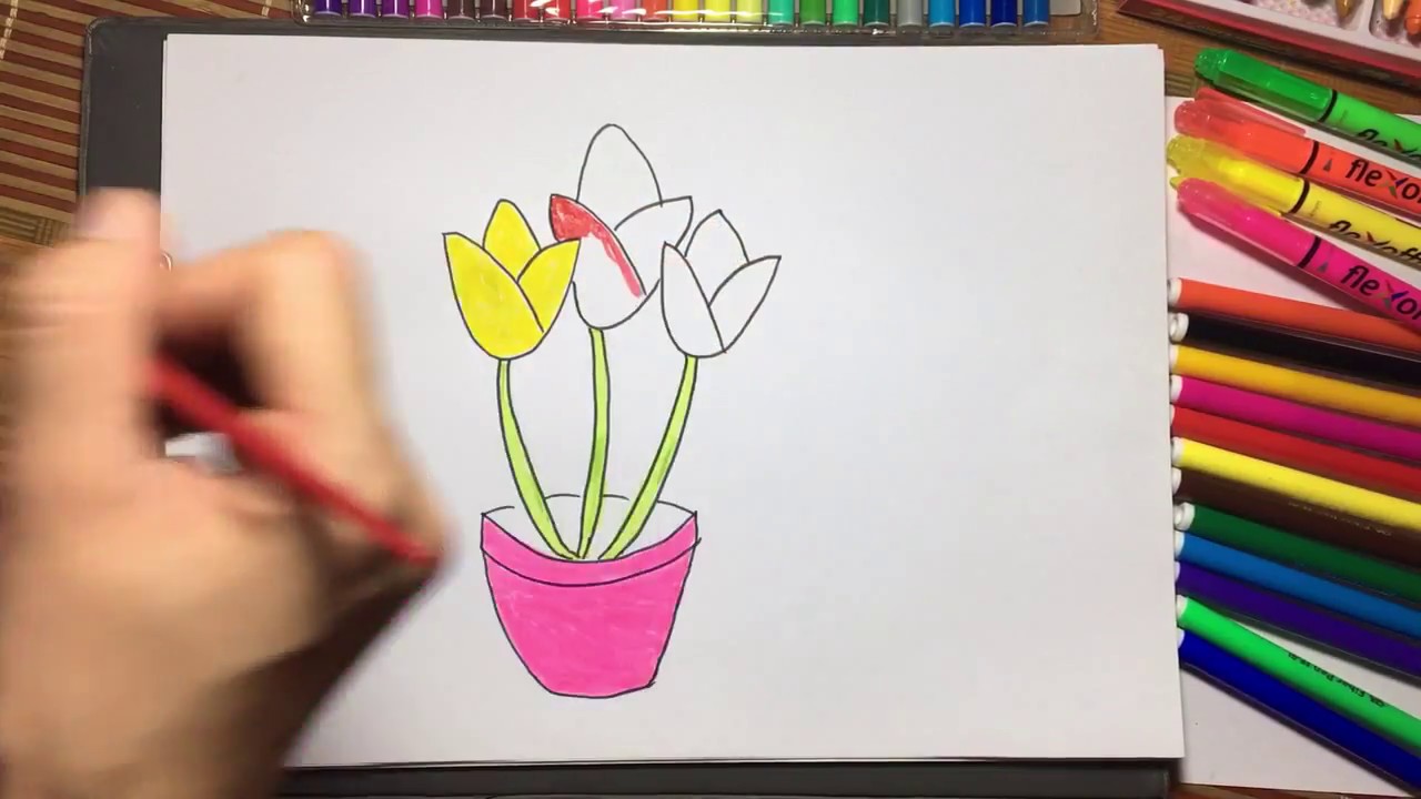 Vẽ bồn hoa phô trương sắc color - Draw flower beautyfull - Học vẽ nằm trong Chị Hoa  Cười - YouTube