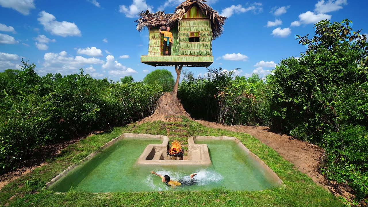 Survival Girl Living Private, Building a Tree House use Brown leaves ...