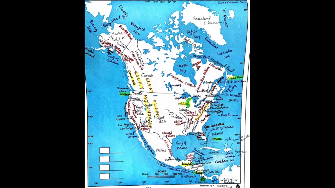 North America उत्तरी अमेरिका Physical Map