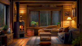 Cozy Living Room Serenity | Crackling Firewood Burning and Raindrops Falling on Window for Relaxing