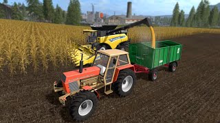 Orange Tractor Zetor Crystal with a Combine mows the Corn for Grain | Farms Simulator