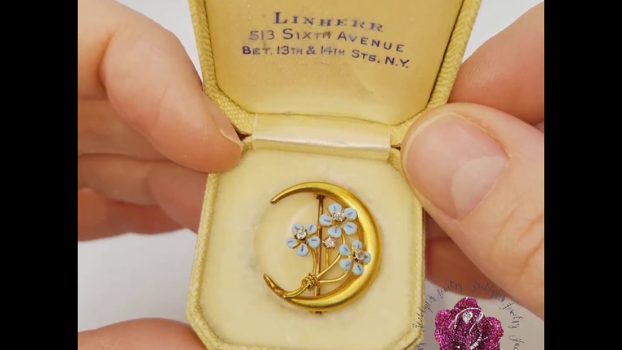 SOLD.Ebay listing: Antique 14k Gold Diamond Crescent Moon & Forget-Me-Not Flower Pin