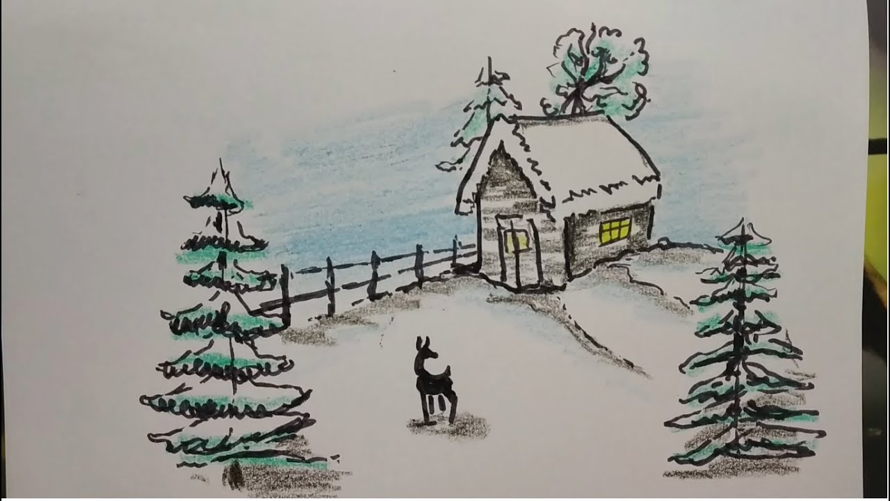 How To Draw Easy Winter Landscape Minimal Drawing Youtube