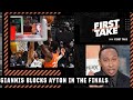 Stephen A. reacts to Giannis’ block on Deandre Ayton’s alley-oop in the Finals | First Take