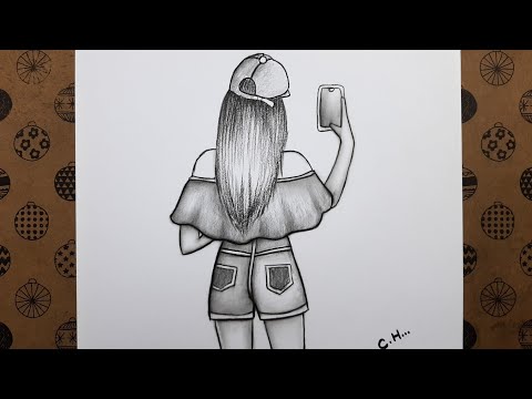Kolay Karakalem Selfie Çeken Kız Çizimi, Arkası Dönük Bir Kız Nasıl Çizilir