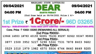Dear Lottery Result 9-4-2021 Time 4Pm. Nagaland State Lottery Sambad.