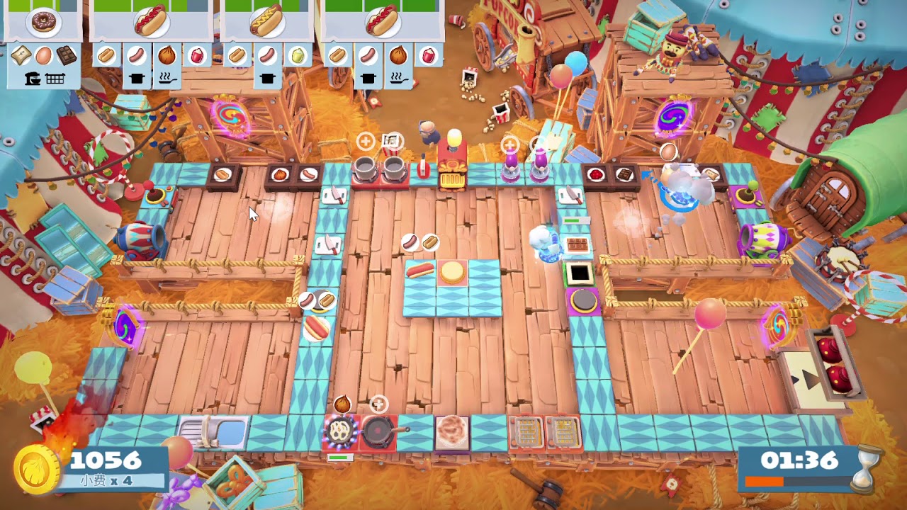 Overcooked 2 CARNIVAL OF CHAOS Level 3-4 - Solo - Score: 1864