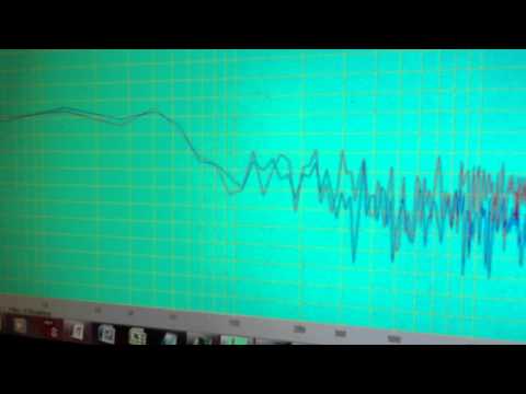 Spectrogram showing oscillating high frequency wave with high decibles    white noise played for level comparison