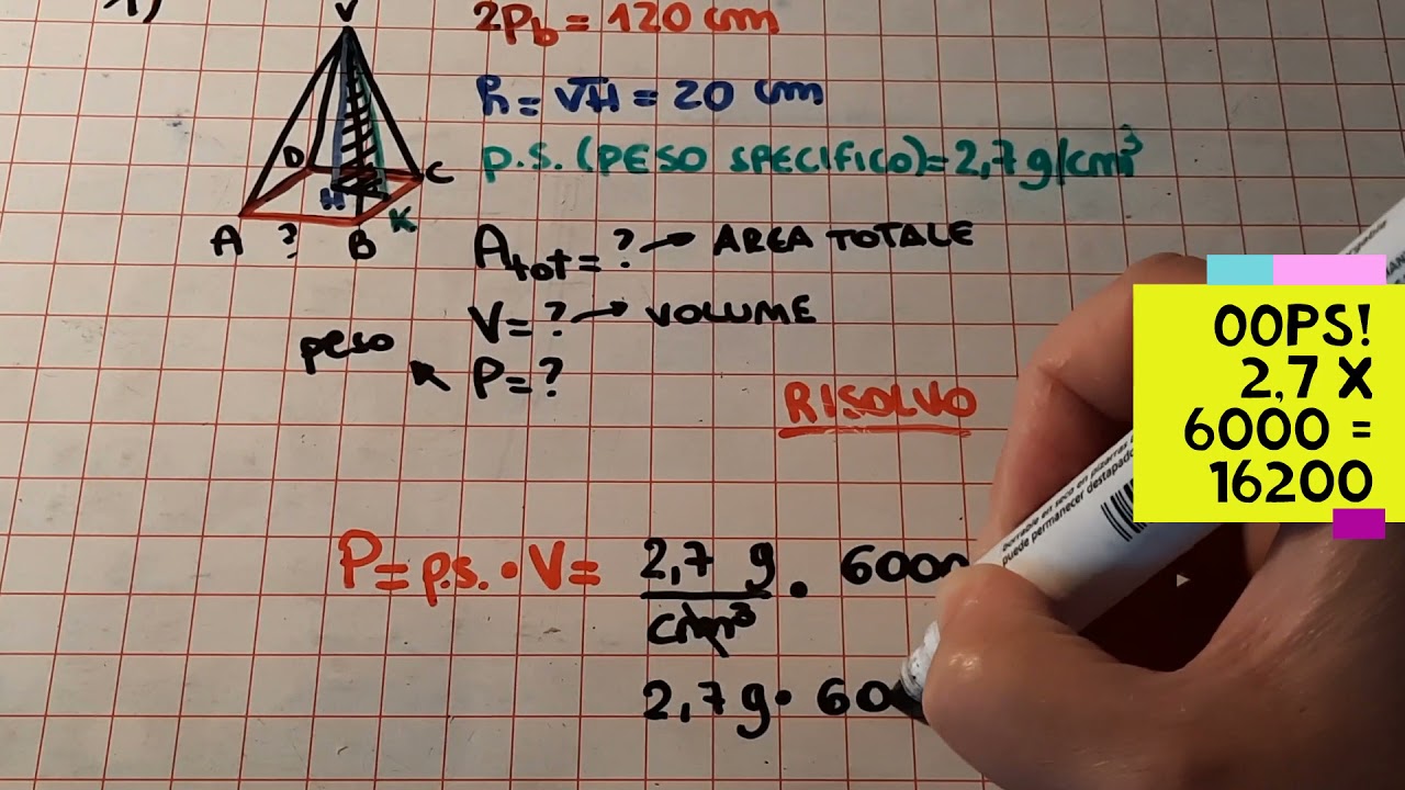 3 Problemi con Area Volume Peso PIRAMIDE quadrangolare regolare || terza media