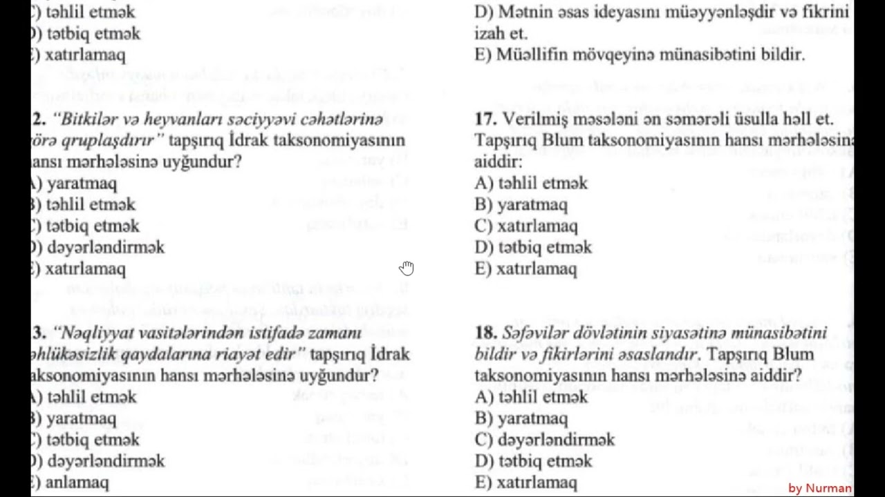 Taksonomiya/İdrak taksonomiyası Test tapşırıqlarının izahı. Sertifikasiyada düşə biləcək suallar