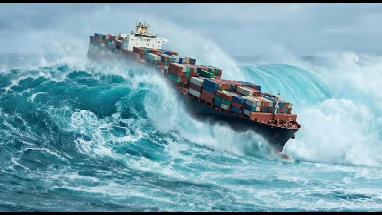 Giant Tsunami Destroys a Container Ship in the Open Ocean
